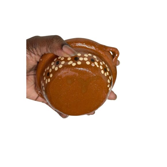 Handmade Terracotta Lidded Bowl | Mexican Folk Pottery Cazuela Repaired Handle - Picture 9 of 9